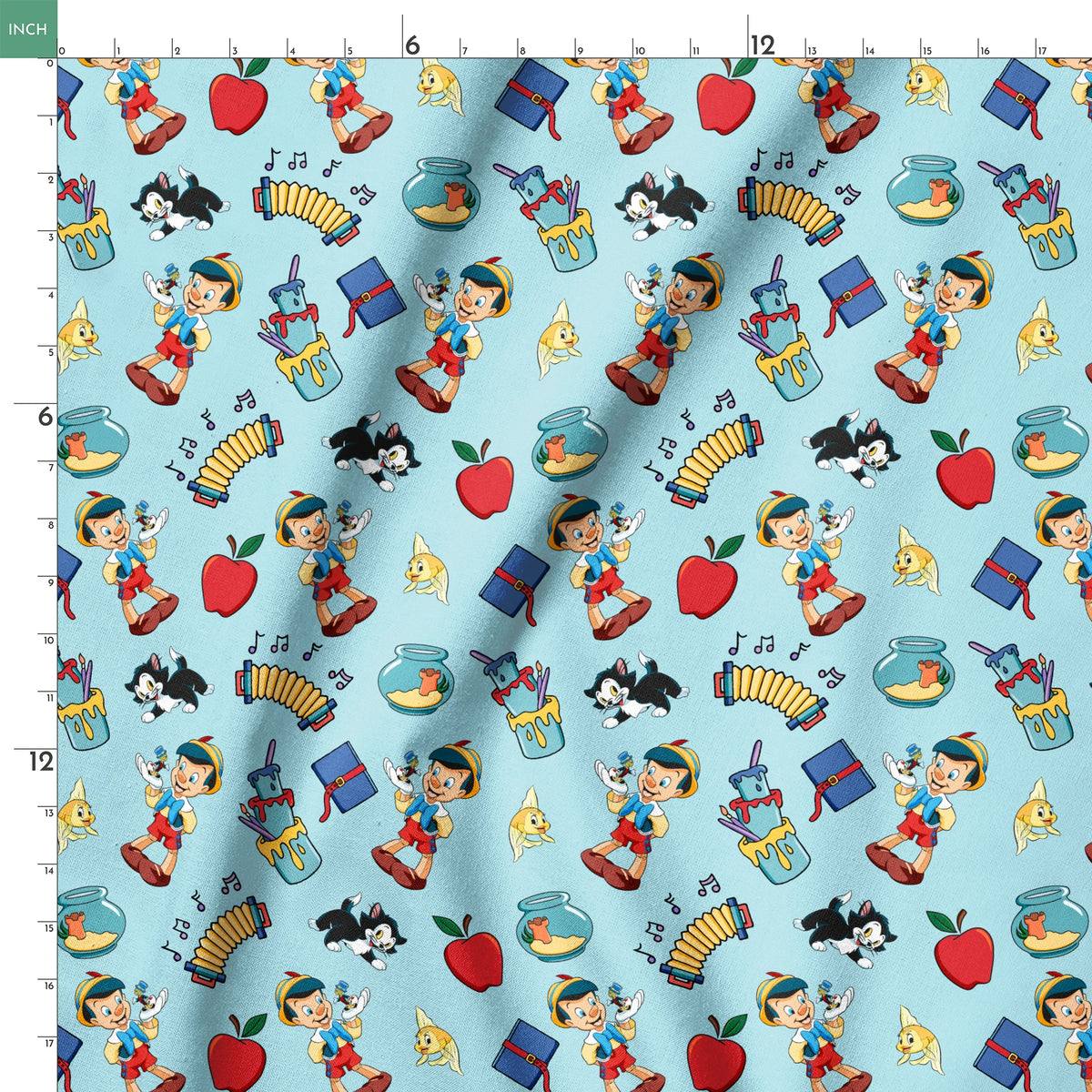 Cartoon pattern with wooden puppets, red apples, musical notes, goldfish bowls, cats, and books on light blue background springs ruler 18x18