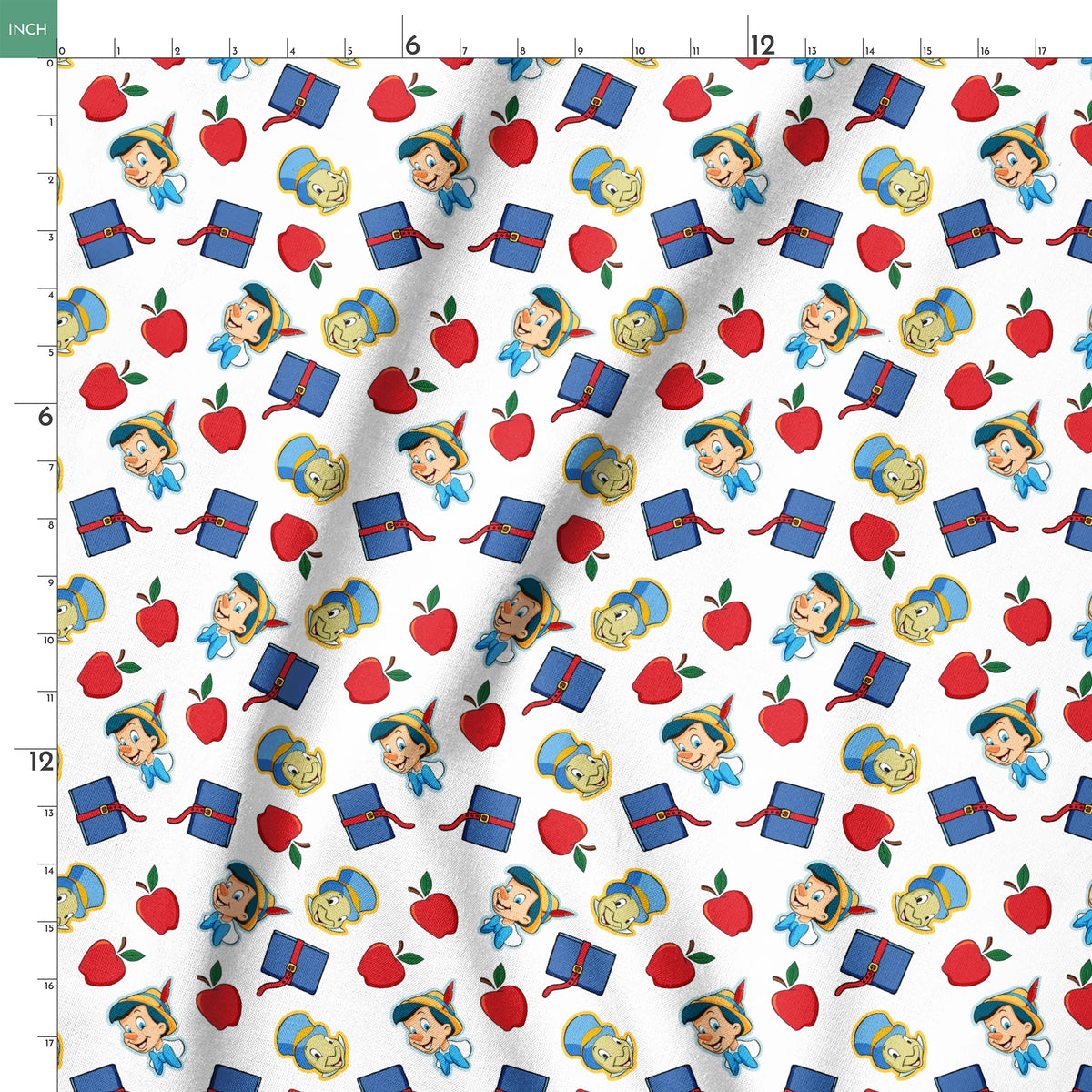 Pattern with cartoon character in pointed hat with blue bow, red apples, blue books with red straps, and yellow circular elements on white background springs ruler 18x18