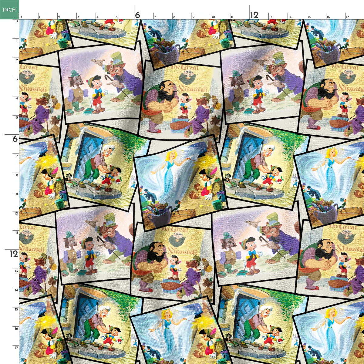 Colorful collage of Pinocchio scenes showing the wooden puppet, Geppetto, and other characters from the classic fairy tale. springs ruler 18x18
