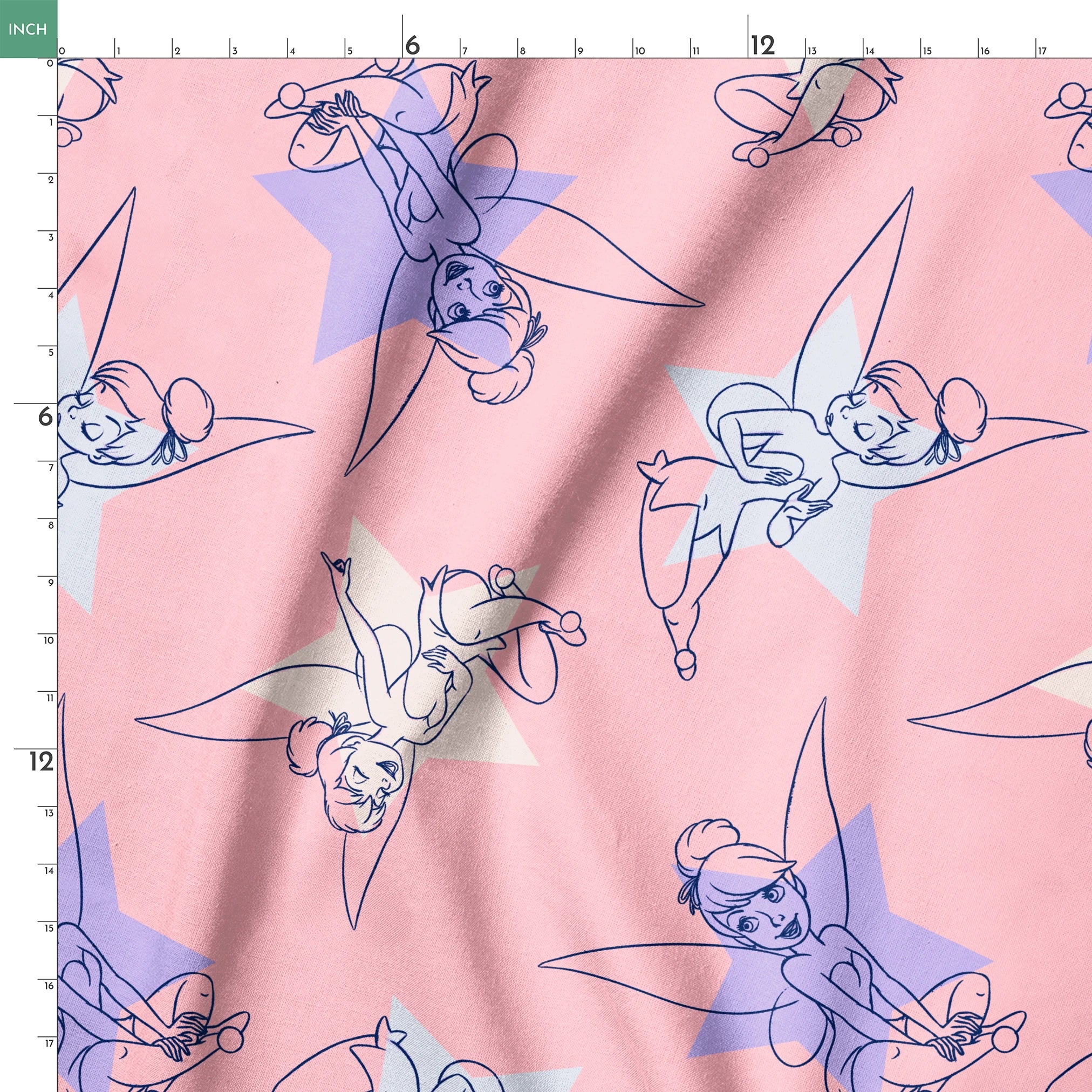 Whimsical Tinker Bells in outlined blue and white style on a soft pink background springs ruler 18x18