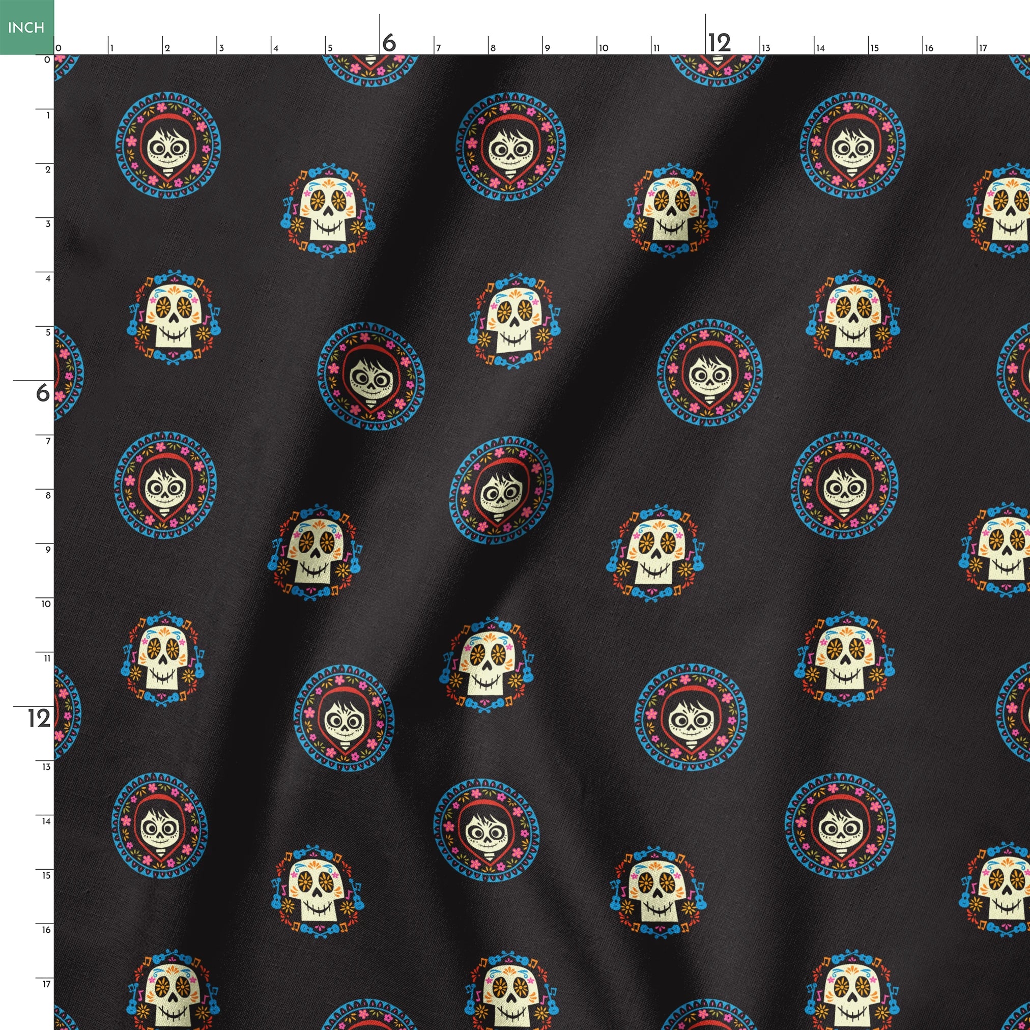 Colorful Coco sugar skull pattern with decorative circular borders on black background springs ruler 18x18