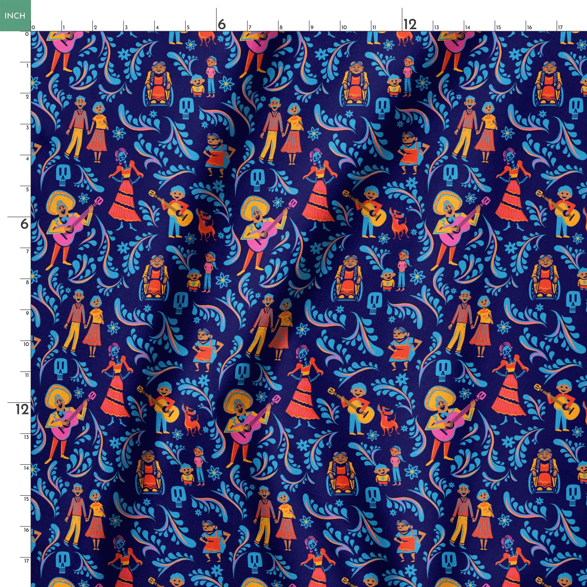 Colorful Coco folk art pattern with figures playing guitars, dancing, and blue skulls on dark background springs ruler 18x18