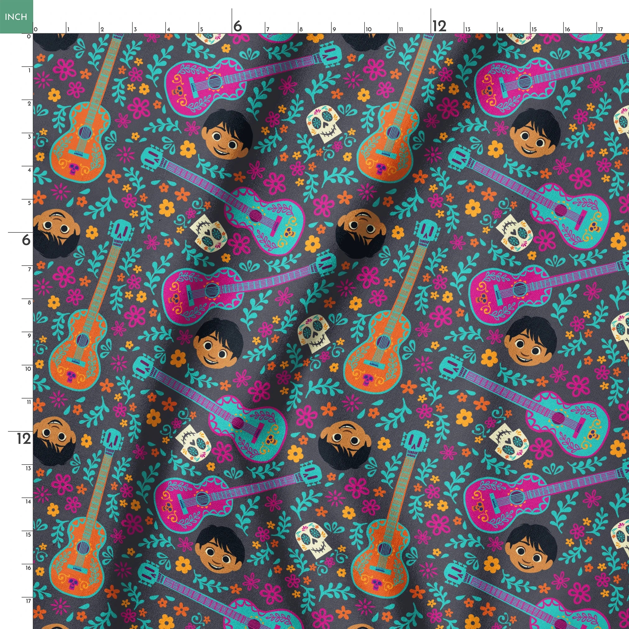 Colorful Coco pattern with decorative guitars, sugar skulls, cartoon characters, and floral elements on teal background. springs ruler 18x18