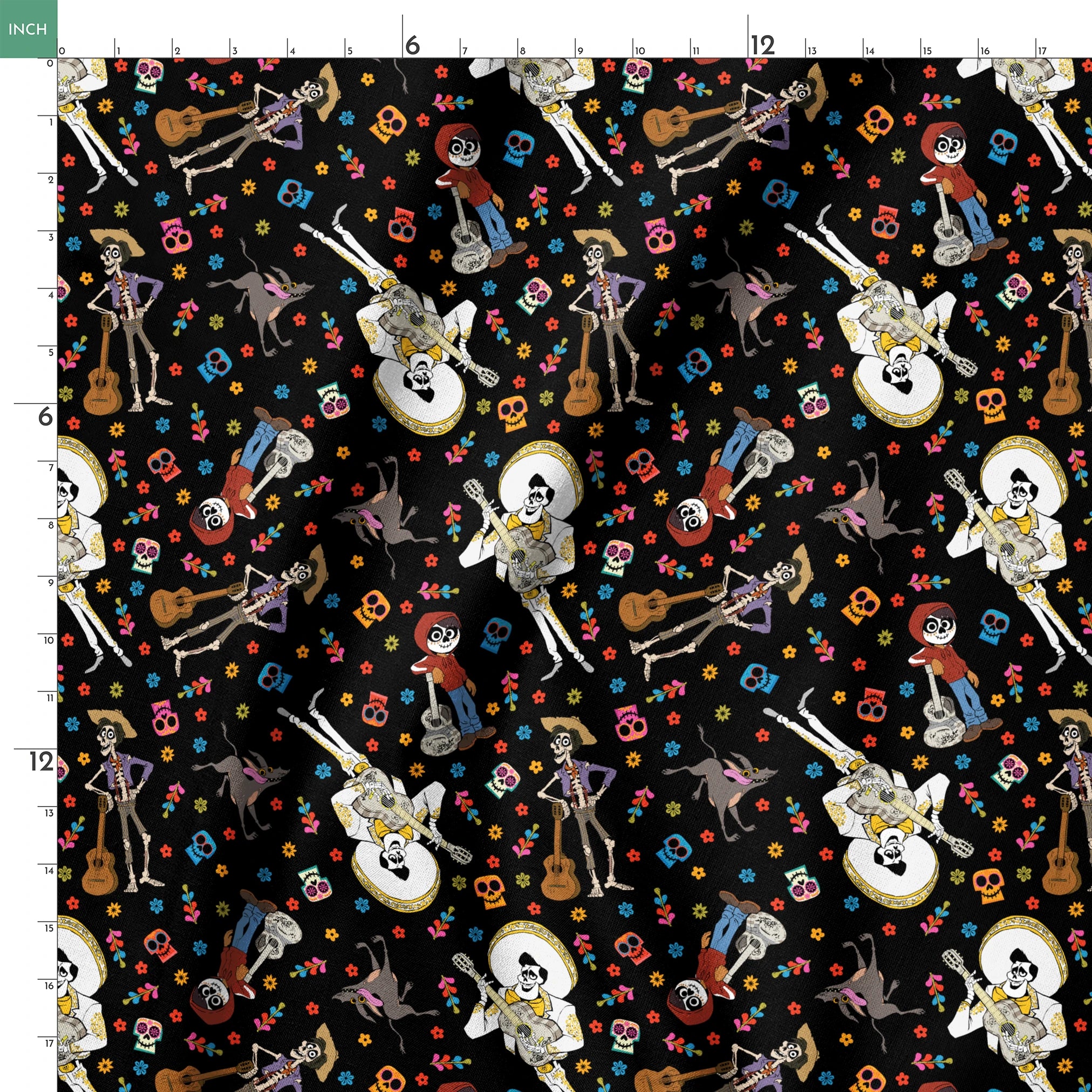 Colorful Coco Day of the Dead pattern with skeleton figures playing instruments, skulls, and flowers on black background springs ruler 18x18