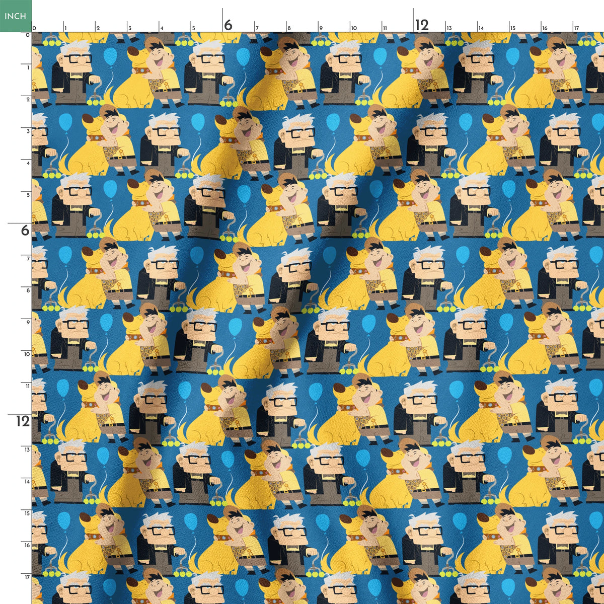 Cartoon pattern featuring characters from Pixar's "Up" with blue balloons, yellow dogs, and scouts springs ruler 18x18