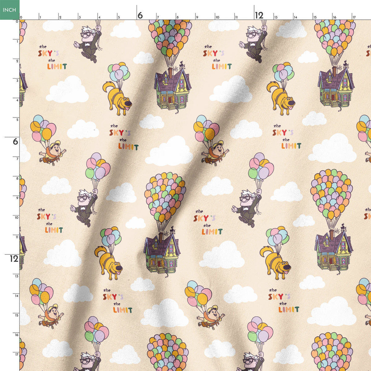 Pixar Up's characters floating with colorful balloons against beige sky with "sky's the limit" text springs ruler 18x18