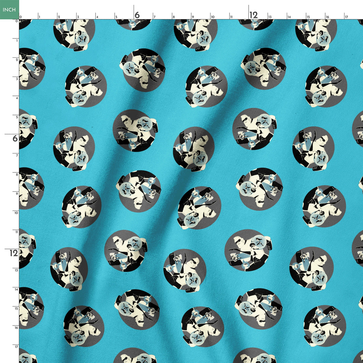 Repeating circular pattern of The Incredibles characters in gray circles on light blue background springs ruler 18x18