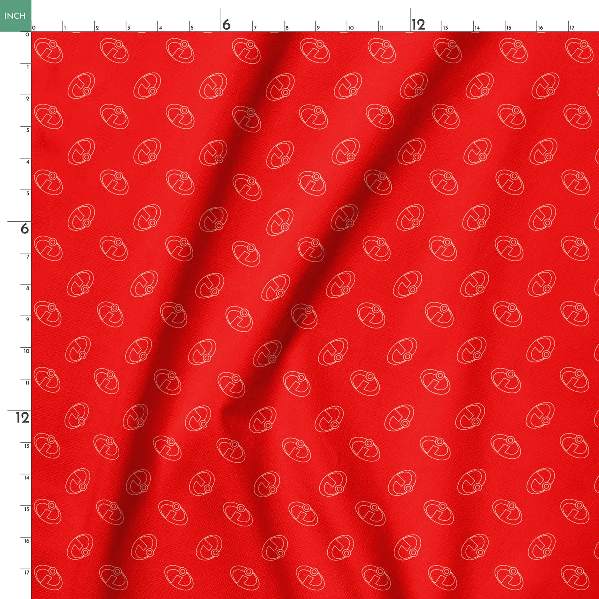 Red background with The Incredibles logos in a repeating pattern springs ruler 18x18