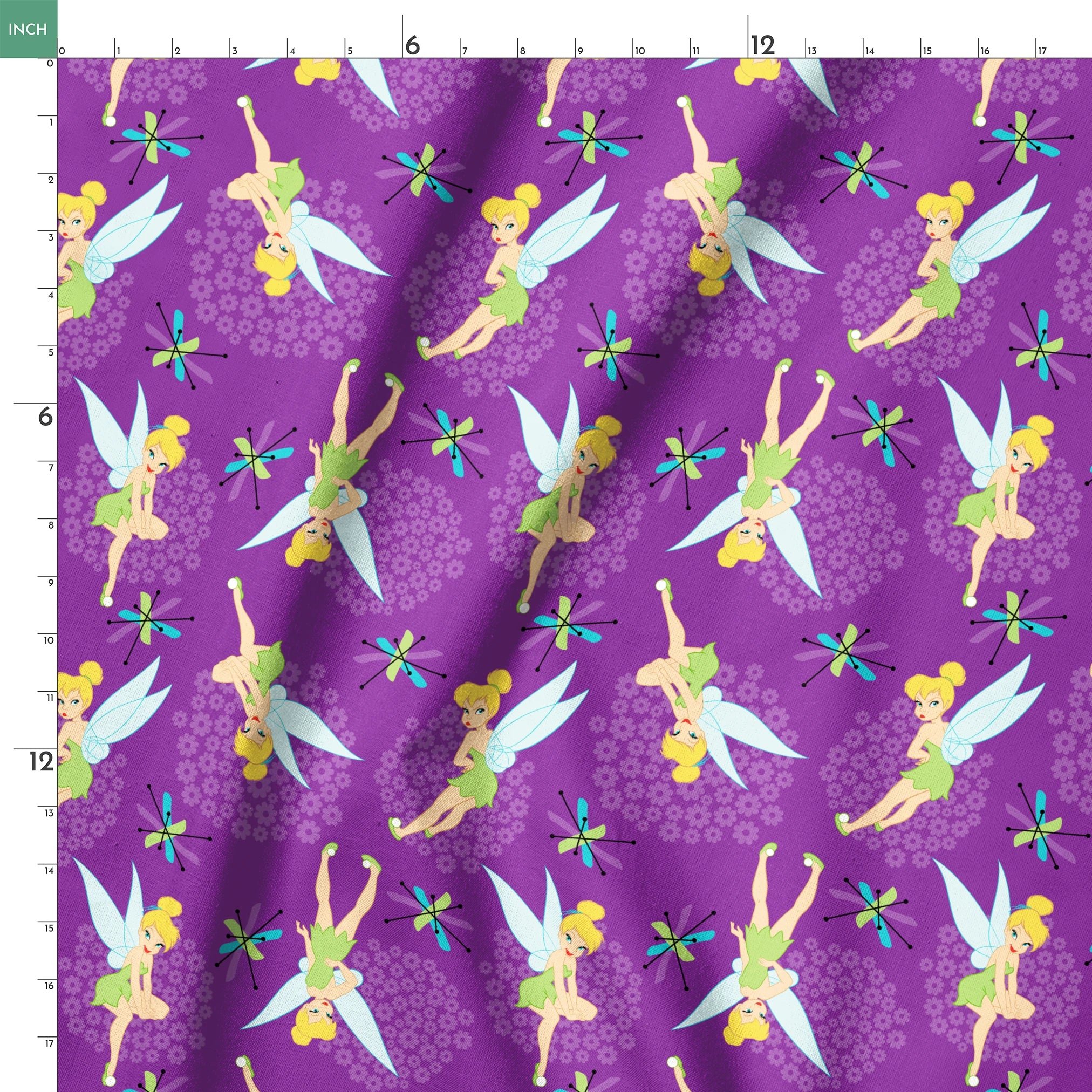 Repeating Tinker Bell pattern in green dresses on purple background springs ruler 18x18