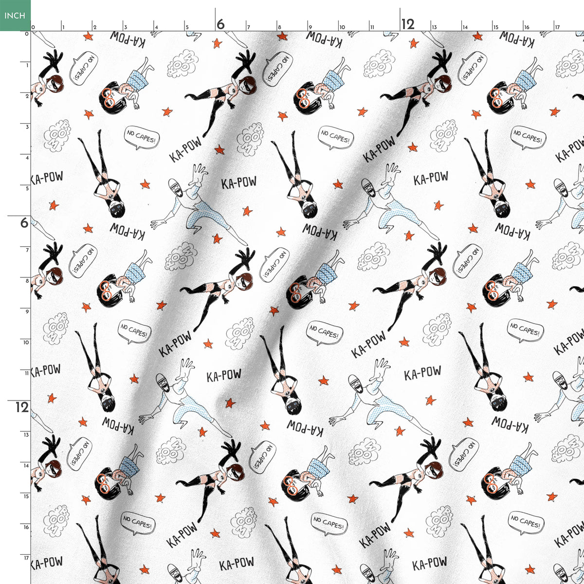 The Incredibles in dynamic poses with comic book sound effects like "KA-POW" on white background with orange stars springs ruler 18x18
