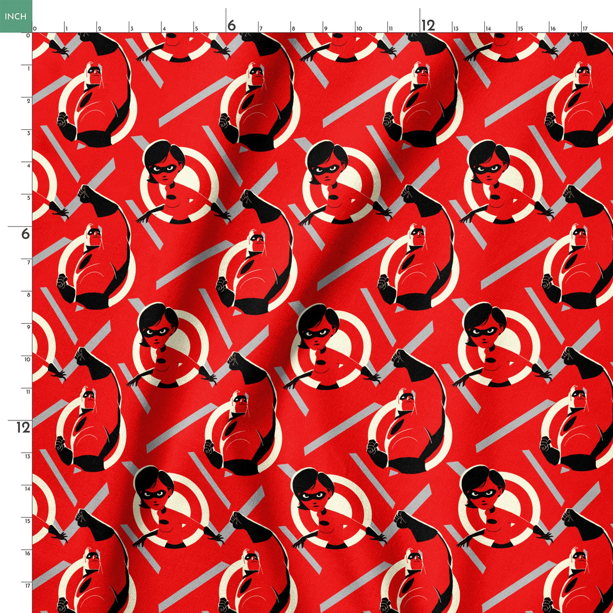 Stylized Incredibles characters in red, black and white with a dynamic pose against spiral background pattern. springs ruler 18x18