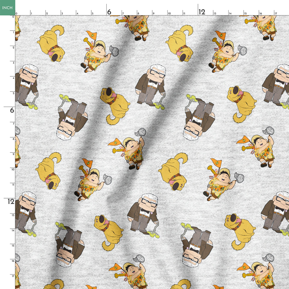 Cartoon characters from Disney's "Up" including Carl, Russell, and Dug on light gray background springs ruler 18x18