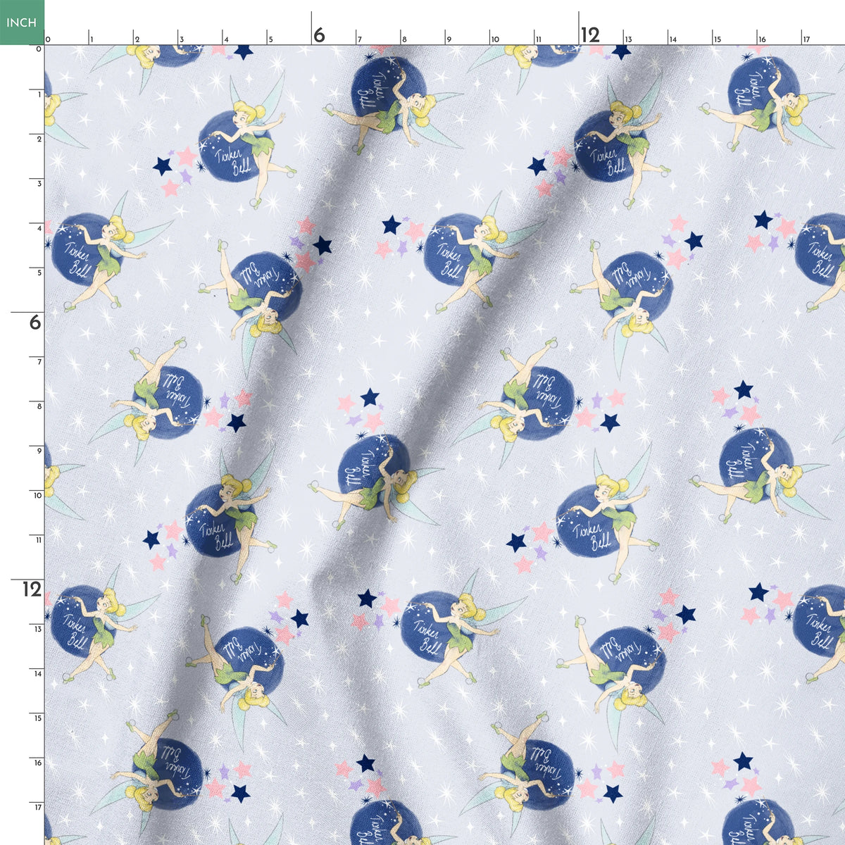 Tinker Bell pattern with the iconic fairy flying around blue moons and stars on a light gray background springs ruler 18x18