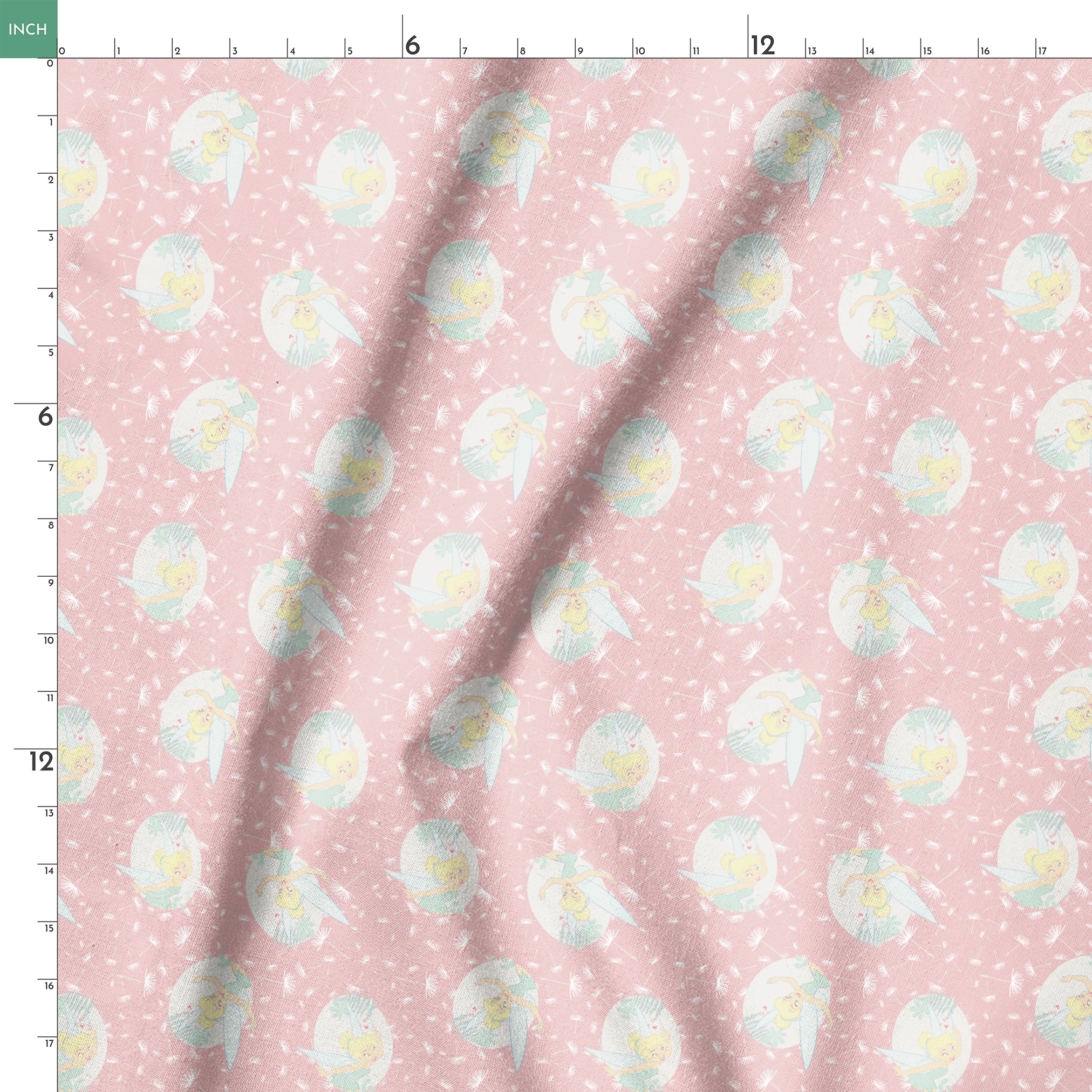 Pink background with dandelion seed pattern featuring Tinker Bell in mint green circles, whimsical Disney design springs ruler 18x18
