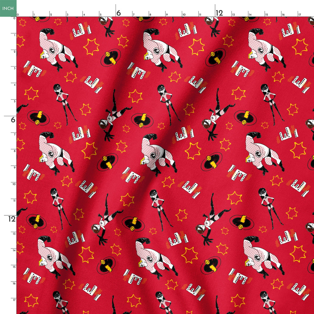 Red background pattern with The Incredibles, yellow stars, and comic book style graphic elements springs ruler 18x18