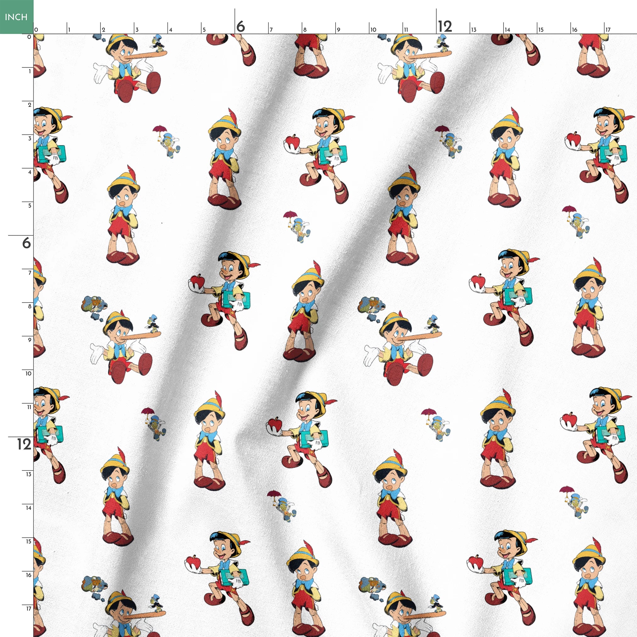 Repeating pattern of cartoon wooden puppet character with pointed hat in various poses springs ruler 18x18