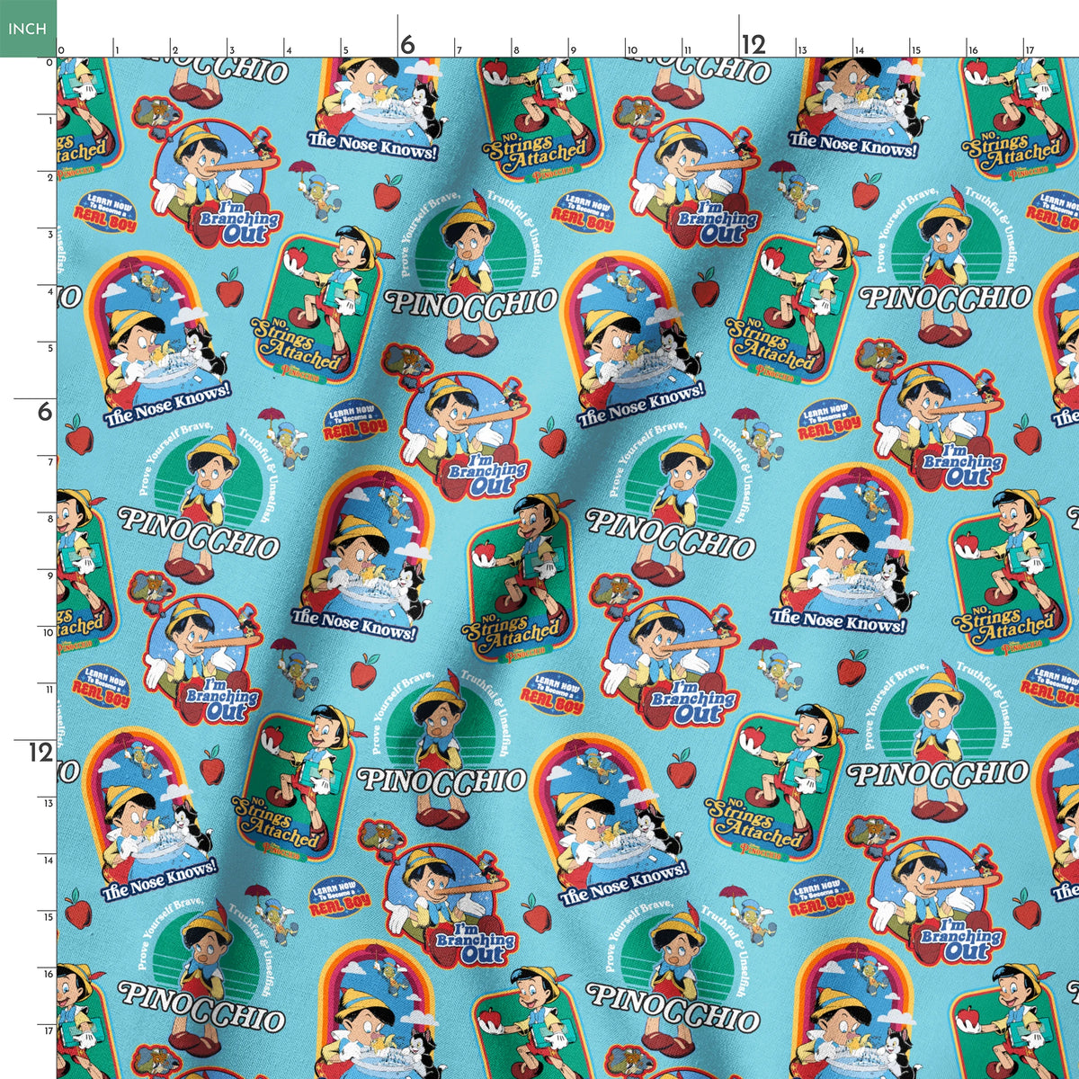 Colorful Pinocchio cartoon pattern featuring puppet characters, slogans, and red apples on teal background springs ruler 18x18