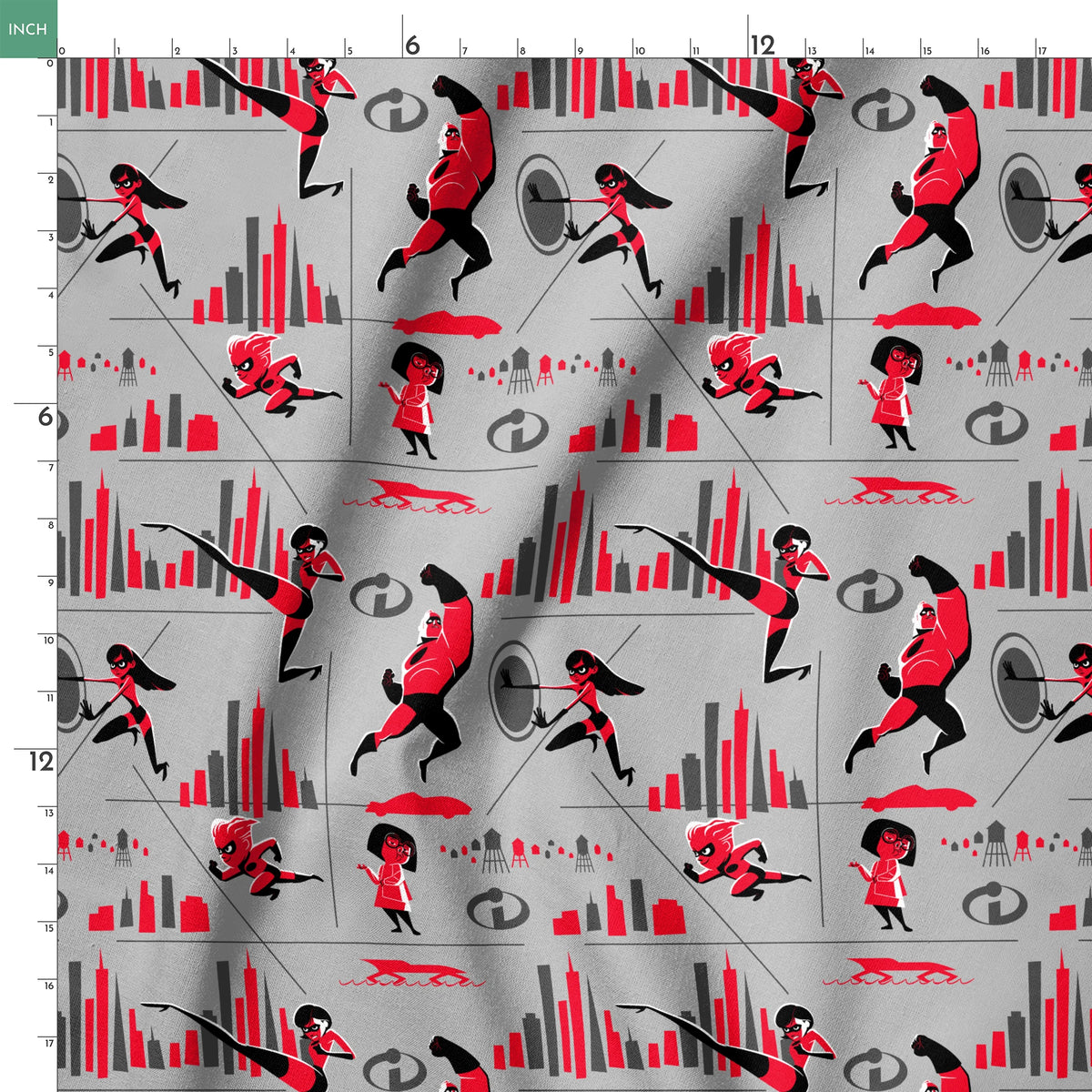 Characters in red and black superhero outfits from The Incredibles shown in action poses against gray background with city elements springs ruler 18x18