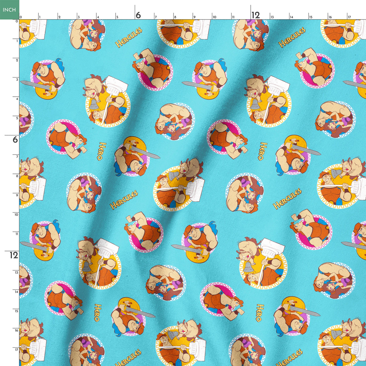 Cartoon characters from Hercules arranged in circular patterns on light blue background springs ruler 18x18