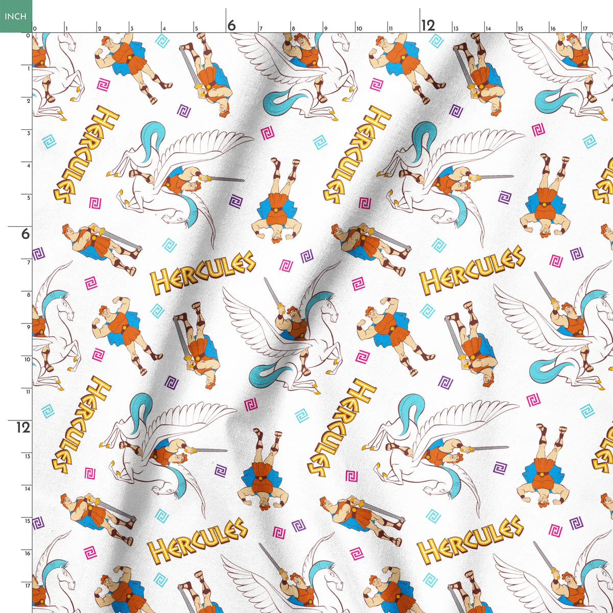 Cartoon pattern of Hercules characters with Pegasus, swords, and "HERCULES" text on white background springs ruler 18x18