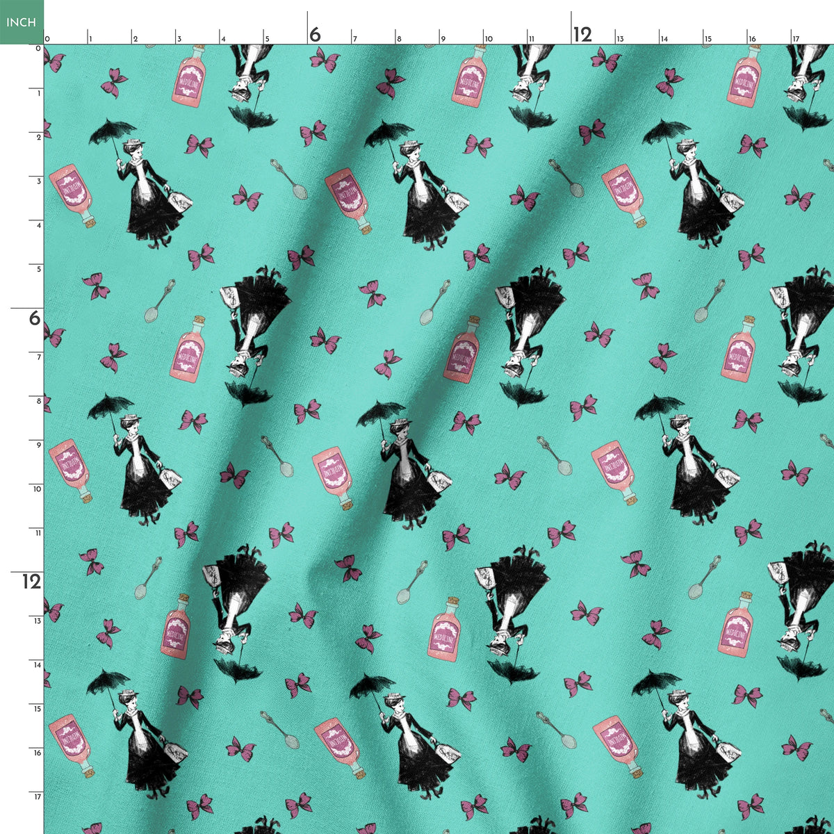 Whimsical illustration pattern with Mary Poppins holding umbrella, pink bottles, and purple butterflies on mint green background. springs ruler 18x18