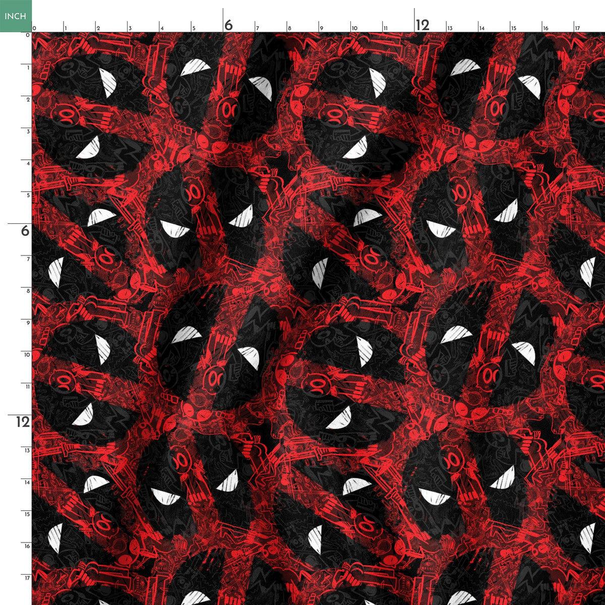 Abstract pattern of red and black chaotic lines with white triangular shapes scattered throughout the design springs ruler 18x18