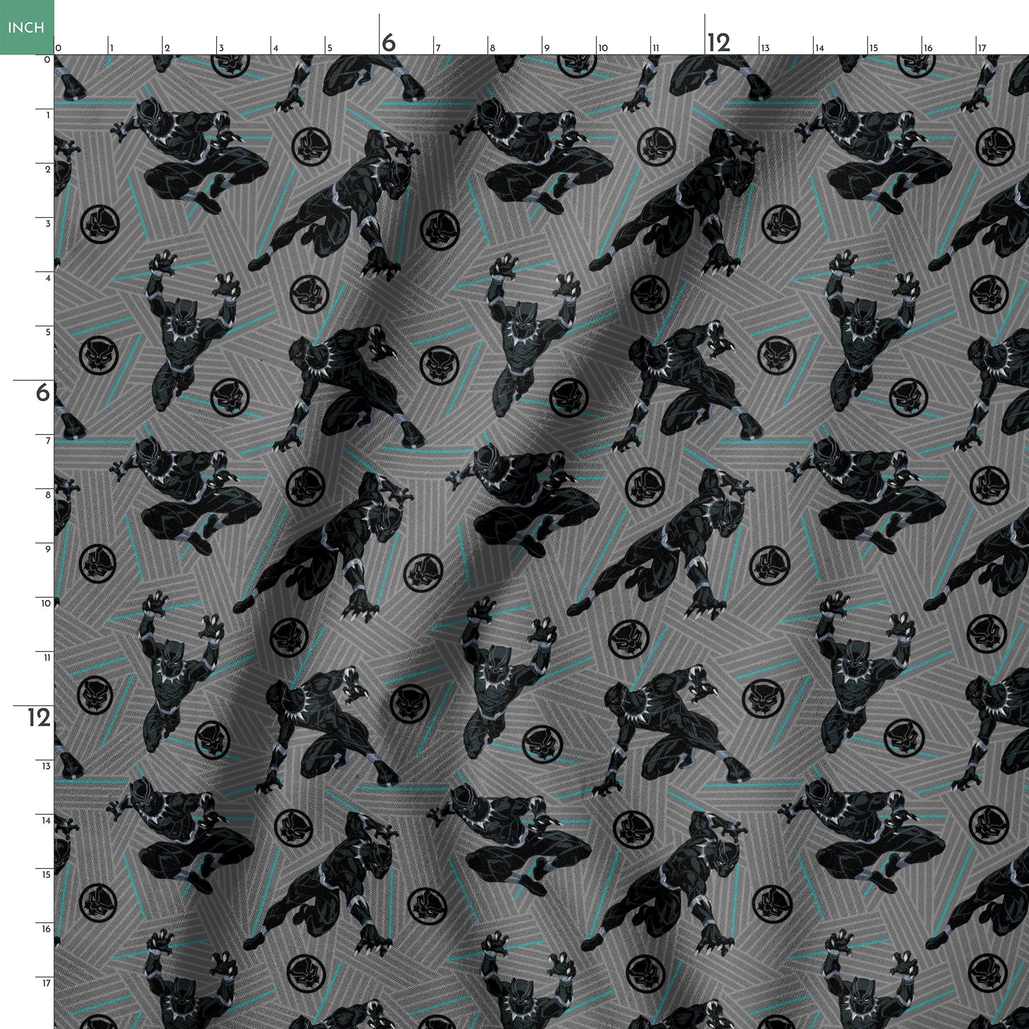 Black superhero figure in dynamic poses against gray geometric background with teal accents and circular emblems springs ruler 18x18