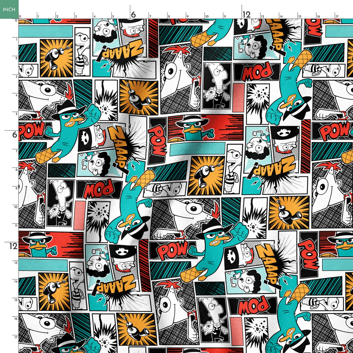 Comic book style pattern with colorful panels featuring sound effects like POW, BANG, and WHAM on red, blue, and black backgrounds springs ruler 18x18