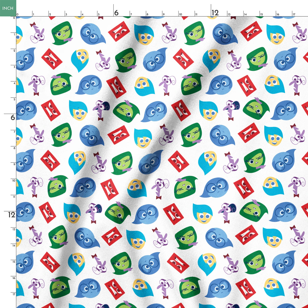 Colorful pattern of Inside Out characters - Joy, Sadness, Anger, Disgust, and Fear springs ruler 18x18