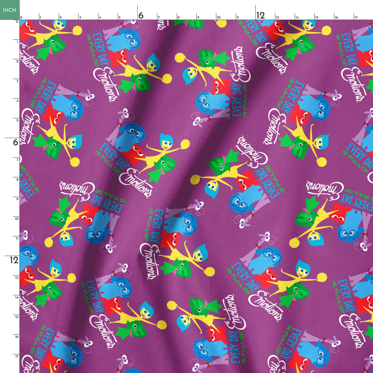 Purple background with repeating pattern of Inside Out characters - Joy, Sadness, Anger, Disgust, Fear, and text elements. springs ruler 18x18