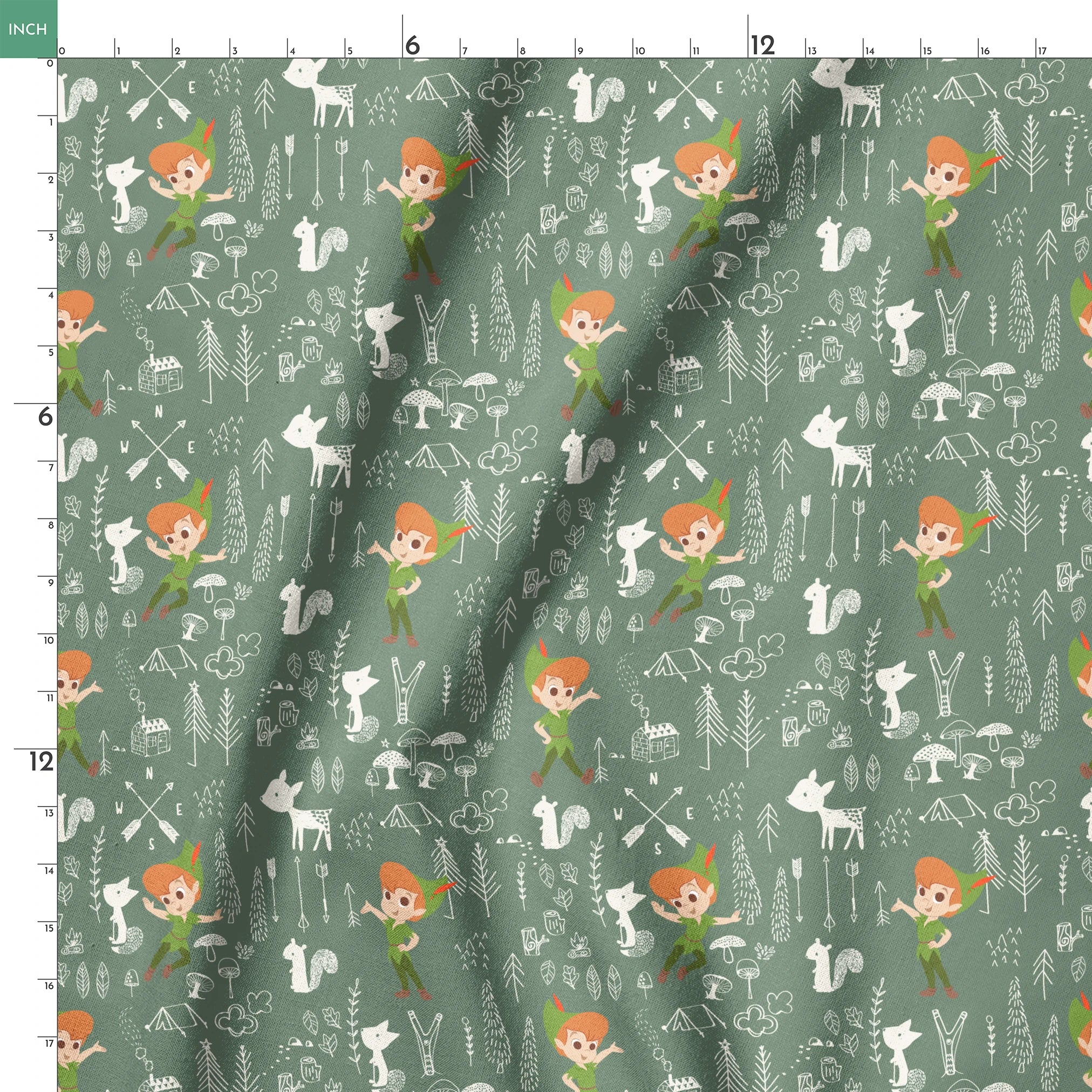 Illustrated forest pattern with cartoon characters in green outfits, white animals, and woodland elements on sage background. springs ruler 18x18