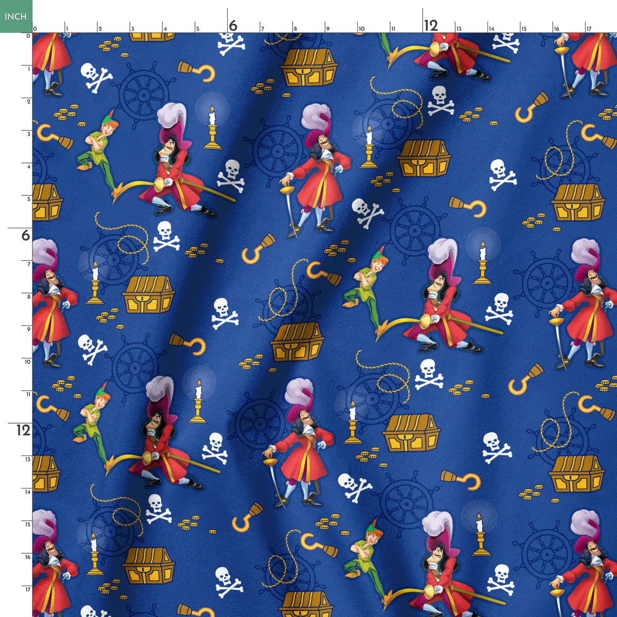 Pirate-themed pattern with captains, treasure chests, hooks, and skull symbols on blue background springs ruler 18x18