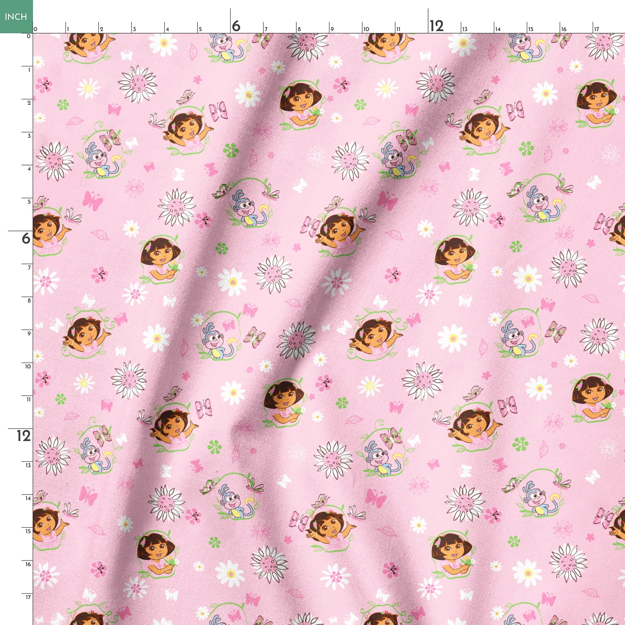 Pink background with Dora the Explorer characters, white daisies and purple butterflies scattered throughout springs ruler 18x18