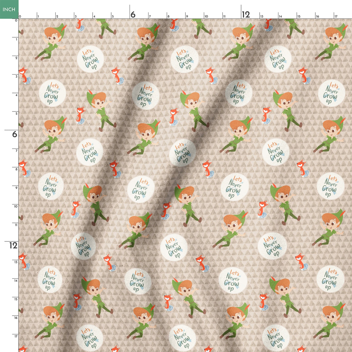 Cartoon pattern featuring Peter Pan character flying, orange foxes, and "Let's Never Grow Up" text on beige background springs ruler 18x18