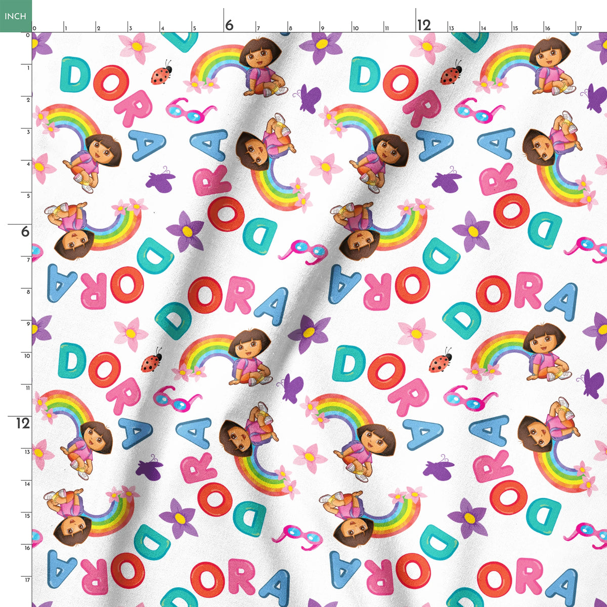 Colorful Dora pattern with rainbows, flowers, alongside scattered "DORA" letters on white background. springs ruler 18x18