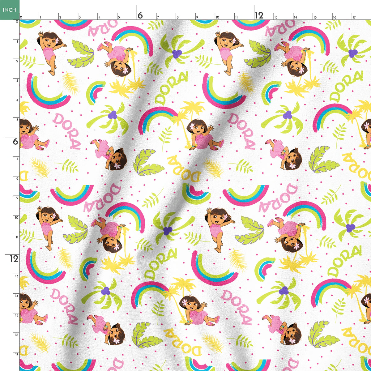 Cartoon pattern with colorful rainbows, Dora the Explorer characters, green leaves, and yellow leaves on white background springs ruler 18x18