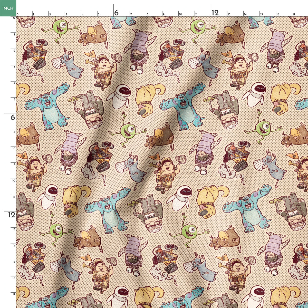 Cute cartoon pattern of Pixar characters including Wall-E, Sulley, and other characters on beige background springs ruler 18x18