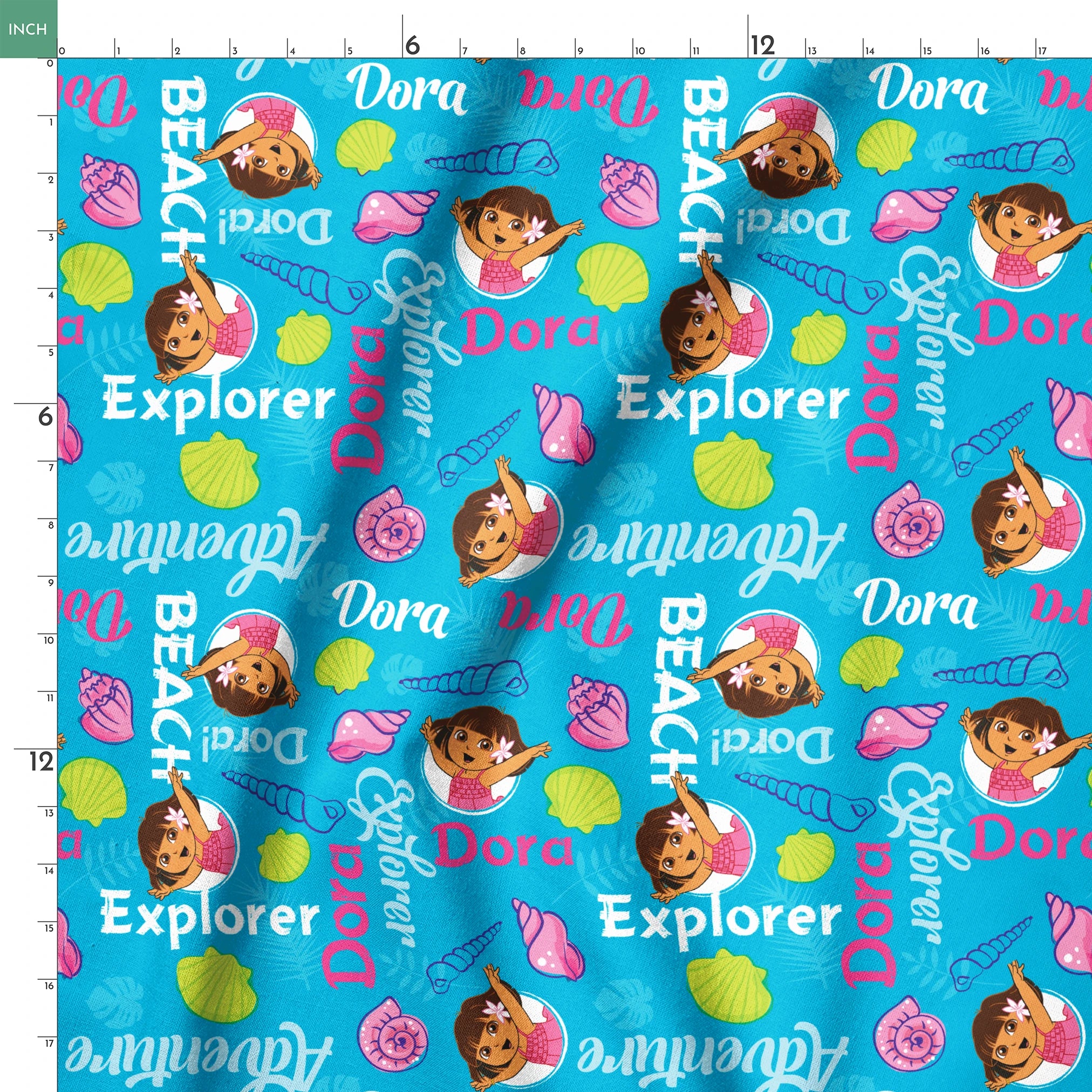 Bright blue pattern featuring Dora the Explorer cartoon character with seashells and "Beach Explorer" text springs ruler 18x18