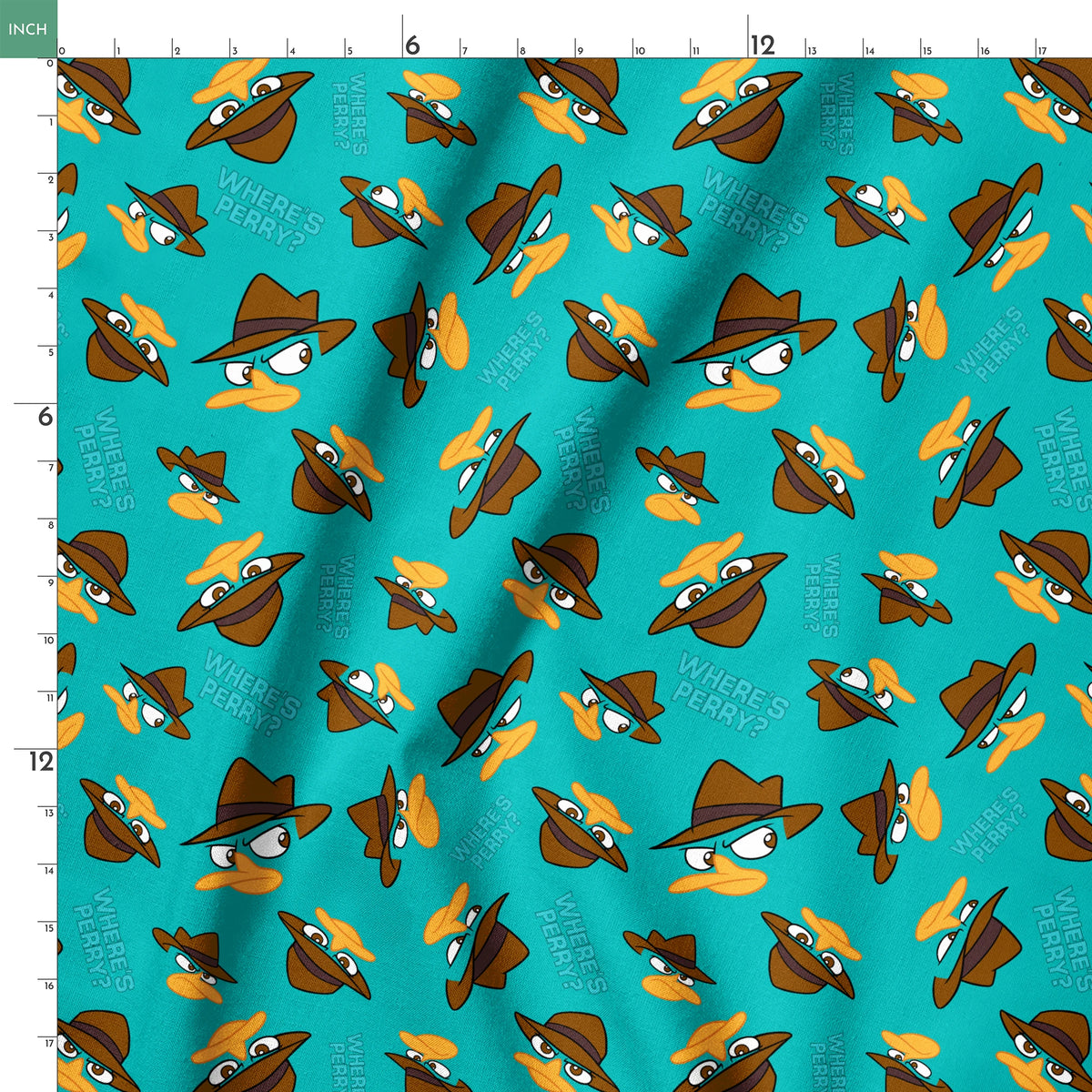 Pattern of cartoon character faces with brown fedora hats on teal background with "Where's Perry" text springs ruler 18x18