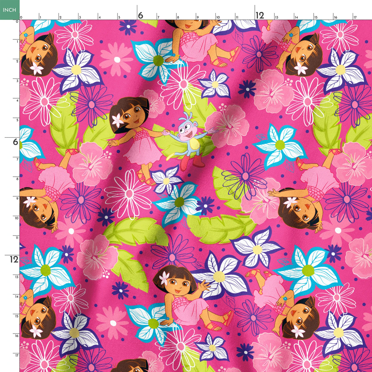 Colorful cartoon pattern with Dora the Explorer characters among vibrant flowers on pink background springs ruler 18x18