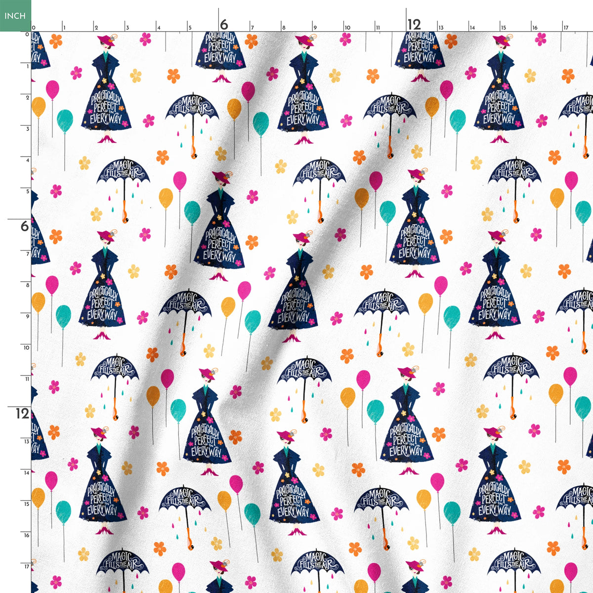 Colorful pattern with Mary Poppins-inspired silhouettes, umbrellas, balloons, and flowers on white background springs ruler 18x18