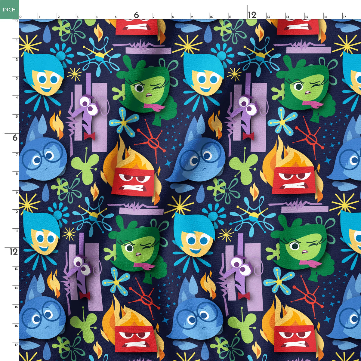 Colorful Inside Out characters with blue, red, green faces and abstract shapes on dark background springs ruler 18x18