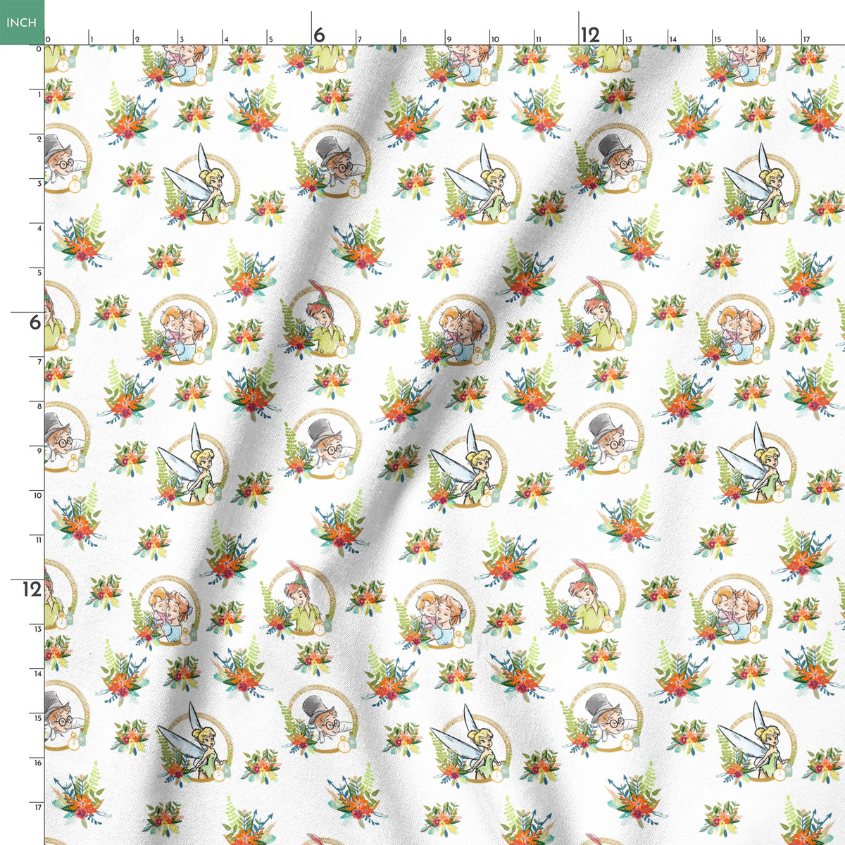Illustrated pattern featuring cartoon characters in gold circles with colorful floral arrangements springs ruler 18x18