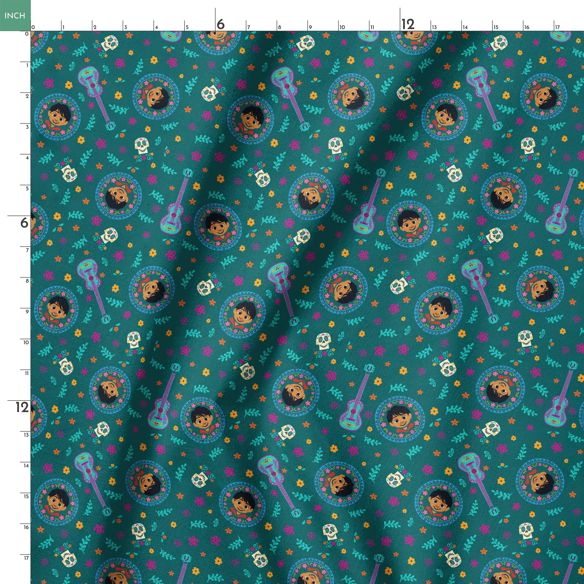 Colorful Coco-inspired pattern with guitars, sugar skulls, circular portraits, and floral elements on teal background. springs ruler 18x18