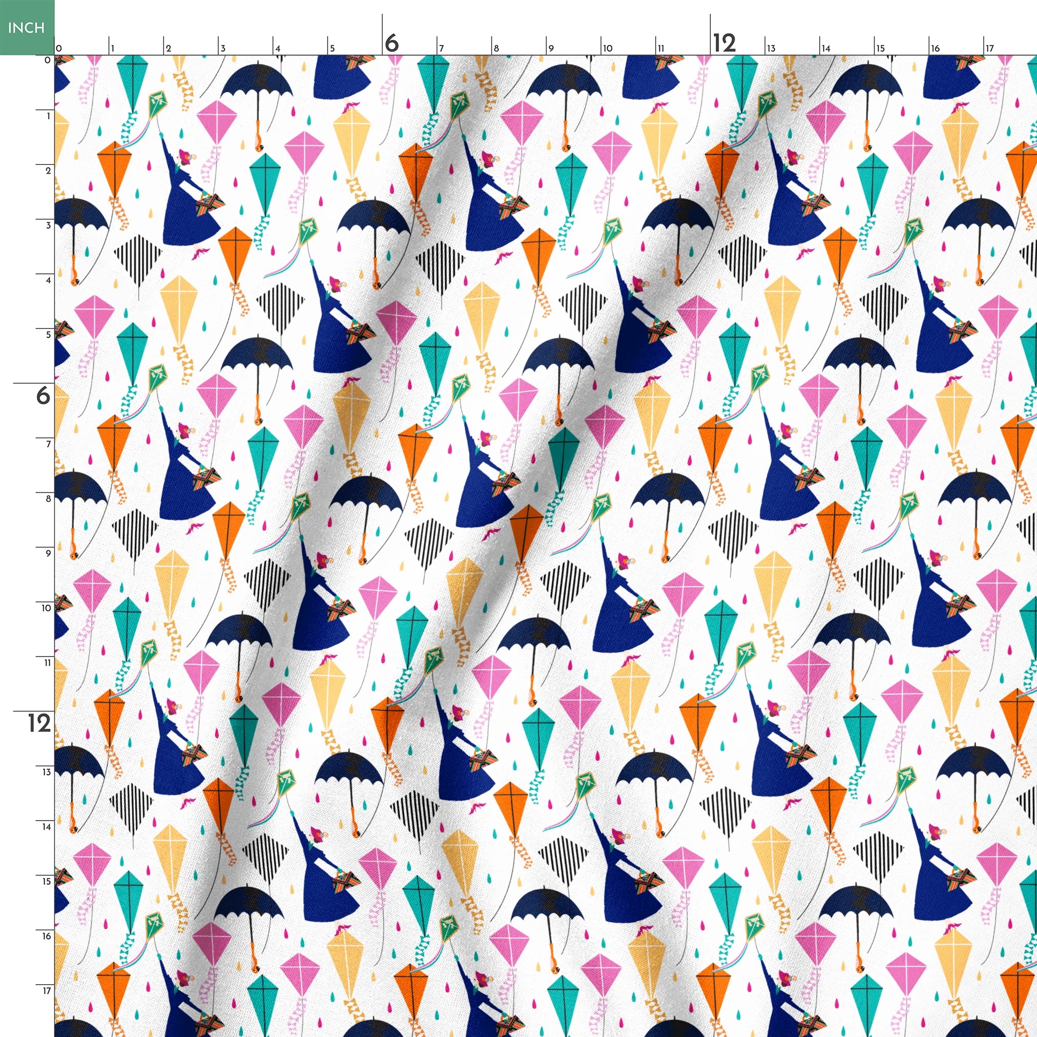 Colorful Mary Poppins pattern with umbrellas, featuring pink, orange, turquoise kites and navy umbrellas on white background springs ruler 18x18
