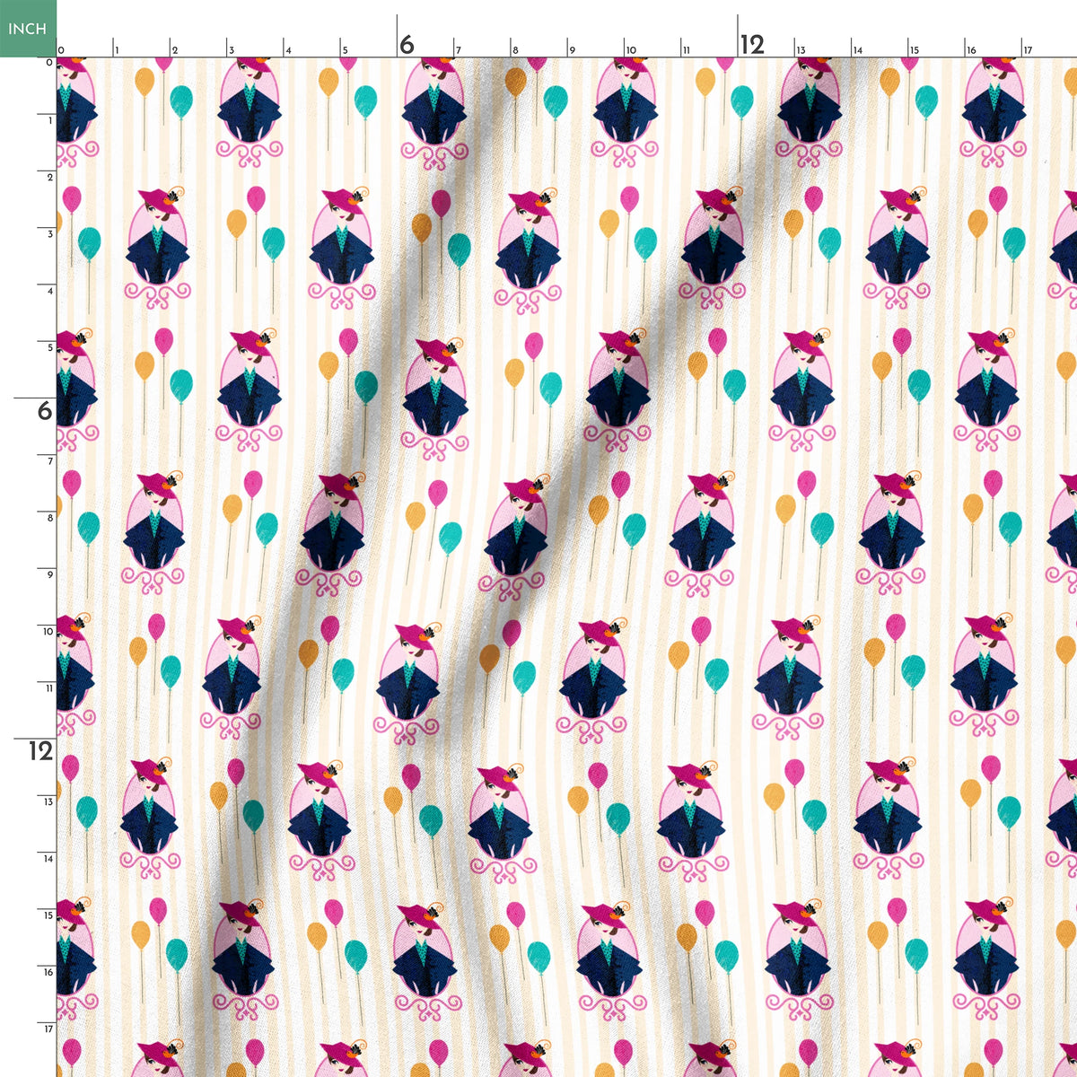 Mary Poppins displayed in decorative frames with colorful balloons against striped background springs ruler 18x18