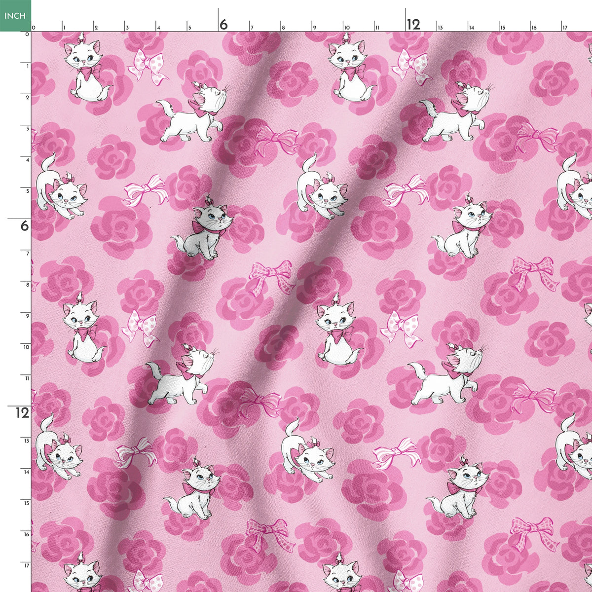 Marie from The Aristocats playing on pink rose pattern background springs ruler 18x18