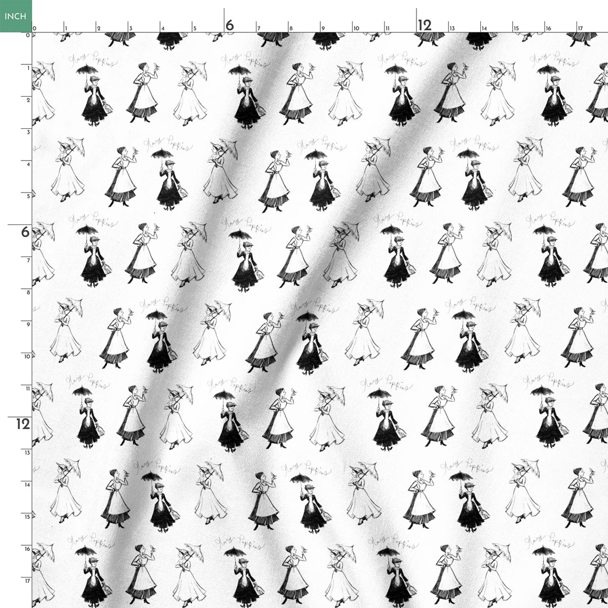 Sketchy illustration pattern of Mary Poppins, shown in various poses in black and white springs ruler 18x18