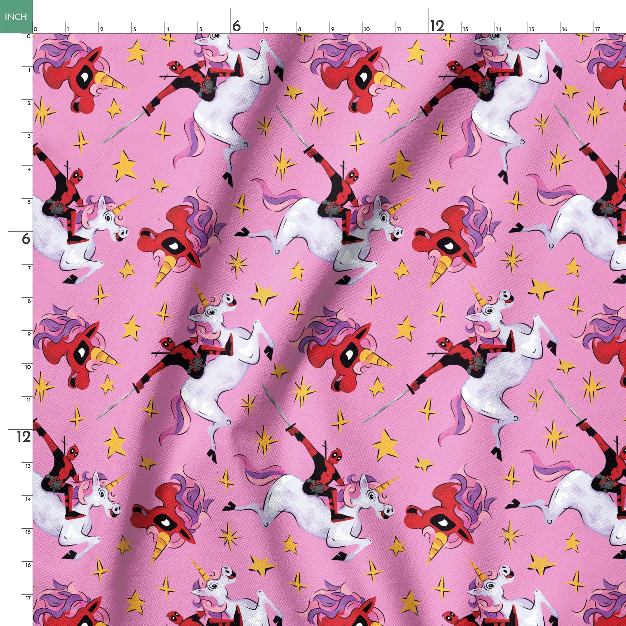 Cartoon character in red riding white unicorns with purple manes against pink starry background springs ruler 18x18