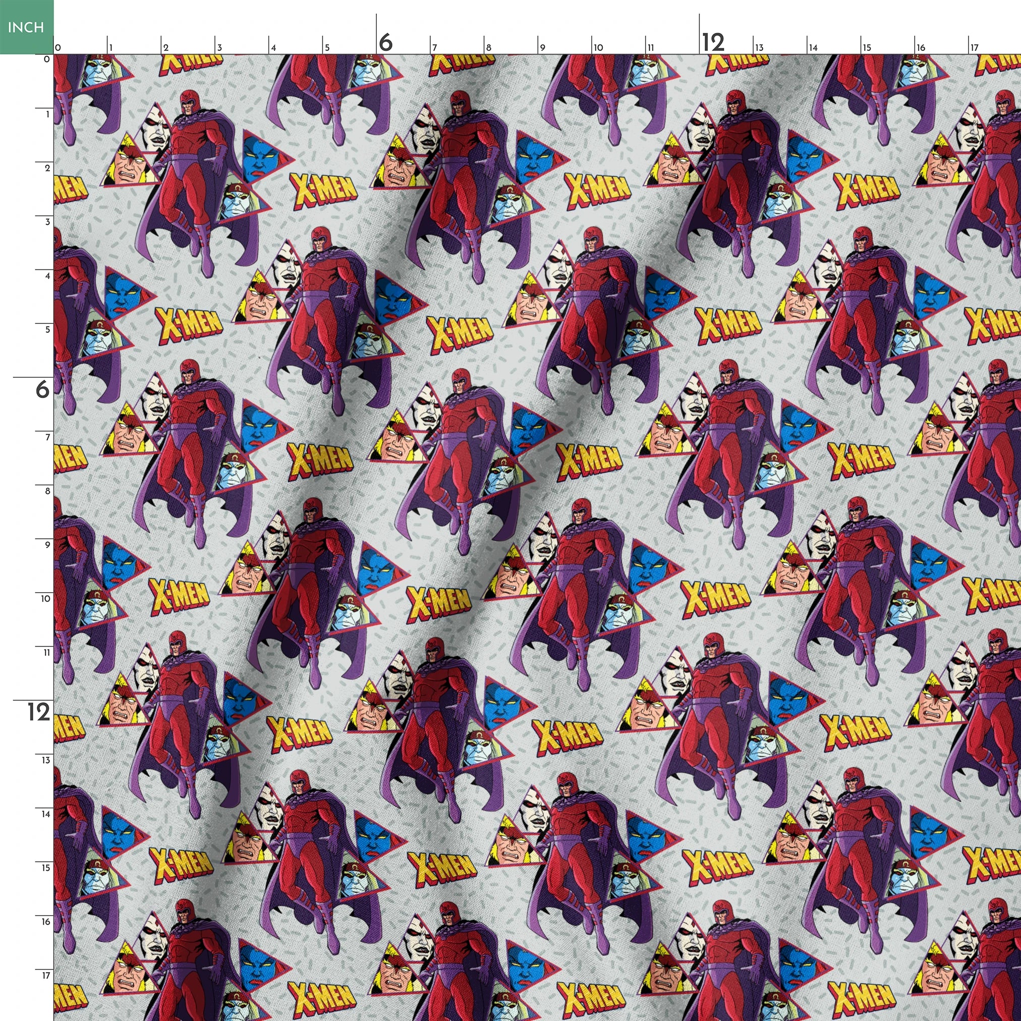 X-Men comic pattern with Magneto in purple and red costume against gray background with character portraits springs ruler 18x18